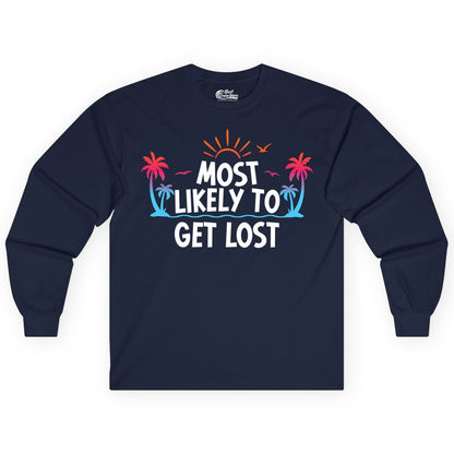 Most Likely To Get Lost Shirt - Funny Vacation Group Trip Tee (Long Sleeve) in Navy - Most Likely To Get Lost Shirt - Tropical Palm Beach Sunrise Tee