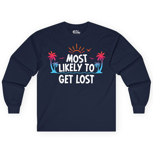 Most Likely To Get Lost Shirt - Funny Vacation Group Trip Tee (Long Sleeve) in Navy - Most Likely To Get Lost Shirt - Tropical Palm Beach Sunrise Tee