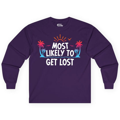 Most Likely To Get Lost Shirt - Funny Vacation Group Trip Tee (Long Sleeve) in Purple - Most Likely To Get Lost Shirt - Tropical Palm Beach Sunrise Tee