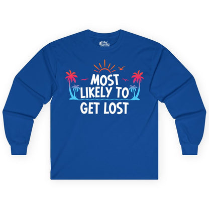 Most Likely To Get Lost Shirt - Funny Vacation Group Trip Tee (Long Sleeve) in Royal - Most Likely To Get Lost Shirt - Tropical Palm Beach Sunrise Tee