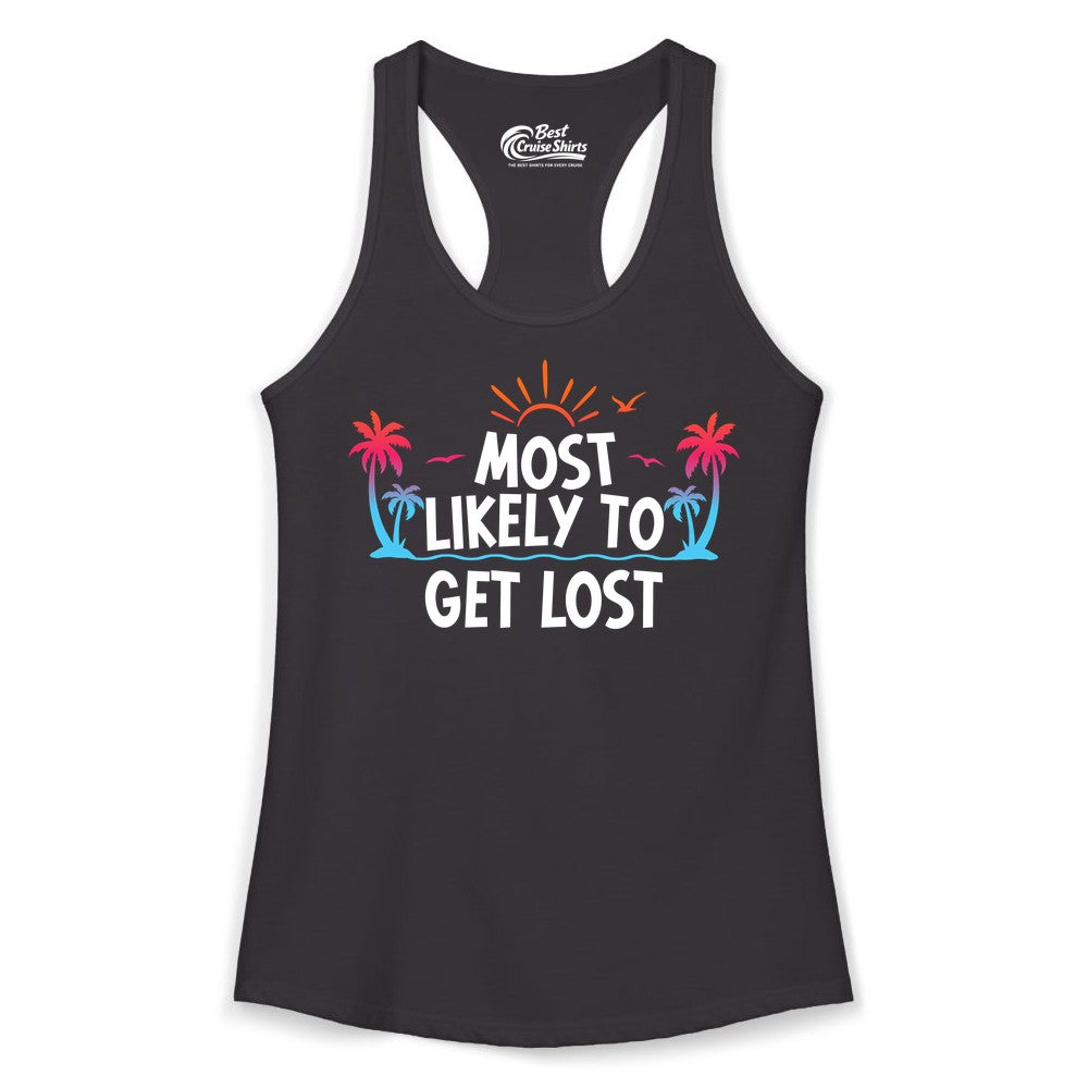 Most Likely To Get Lost Shirt - Funny Vacation Group Trip Tee (Ladies Tank) in Black - Most Likely To Get Lost Shirt - Tropical Palm Beach Sunrise Tee