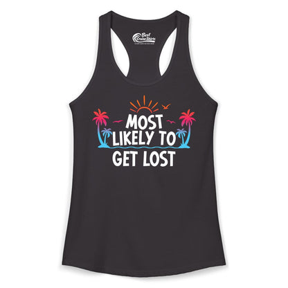 Most Likely To Get Lost Shirt - Funny Vacation Group Trip Tee (Ladies Tank) in Black - Most Likely To Get Lost Shirt - Tropical Palm Beach Sunrise Tee
