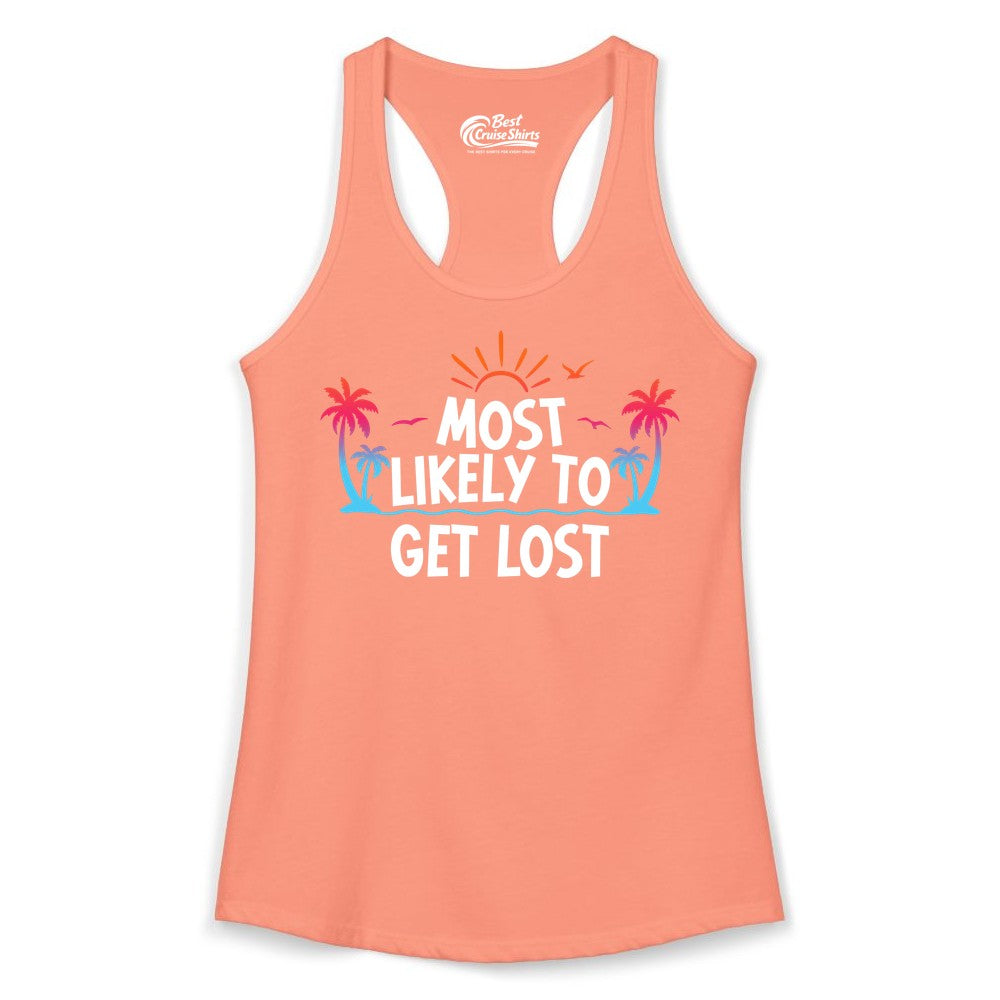 Most Likely To Get Lost Shirt - Funny Vacation Group Trip Tee (Ladies Tank) in Solid Light Orange - Most Likely To Get Lost Shirt - Tropical Palm Beach Sunrise Tee
