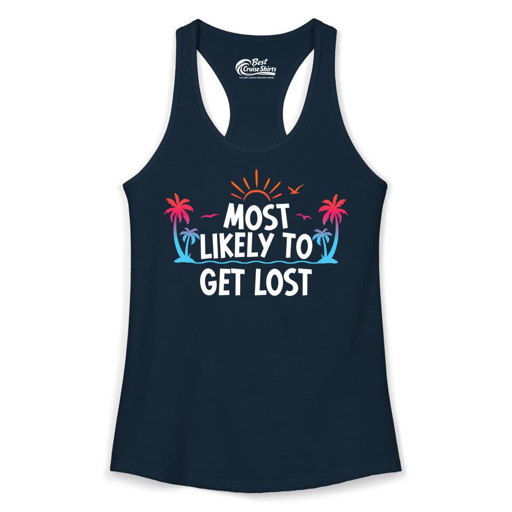 Most Likely To Get Lost Shirt - Funny Vacation Group Trip Tee (Ladies Tank) in Solid Midnight Navy - Most Likely To Get Lost Shirt - Tropical Palm Beach Sunrise Tee