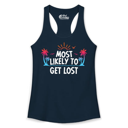 Most Likely To Get Lost Shirt - Funny Vacation Group Trip Tee (Ladies Tank) in Solid Midnight Navy - Most Likely To Get Lost Shirt - Tropical Palm Beach Sunrise Tee