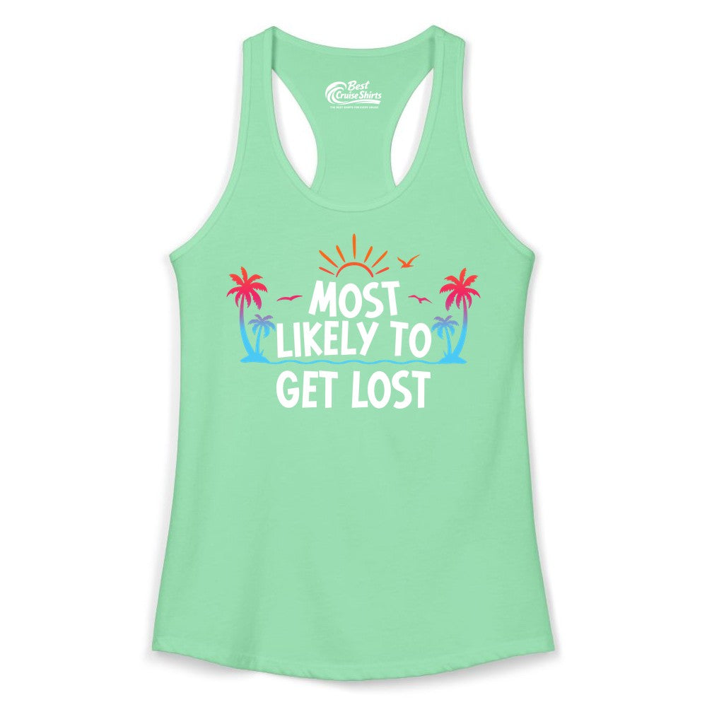 Most Likely To Get Lost Shirt - Funny Vacation Group Trip Tee (Ladies Tank) in Solid Mint - Most Likely To Get Lost Shirt - Tropical Palm Beach Sunrise Tee