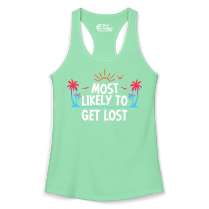 Most Likely To Get Lost Shirt - Funny Vacation Group Trip Tee (Ladies Tank) in Solid Mint - Most Likely To Get Lost Shirt - Tropical Palm Beach Sunrise Tee