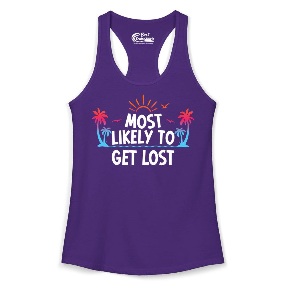 Most Likely To Get Lost Shirt - Funny Vacation Group Trip Tee (Ladies Tank) in Solid Purple Rush - Most Likely To Get Lost Shirt - Tropical Palm Beach Sunrise Tee
