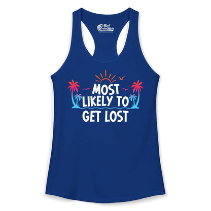 Most Likely To Get Lost Shirt - Funny Vacation Group Trip Tee (Ladies Tank) in Solid Royal - Most Likely To Get Lost Shirt - Tropical Palm Beach Sunrise Tee