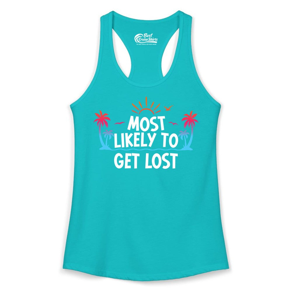 Most Likely To Get Lost Shirt - Funny Vacation Group Trip Tee (Ladies Tank) in Tahiti Blue - Most Likely To Get Lost Shirt - Tropical Palm Beach Sunrise Tee
