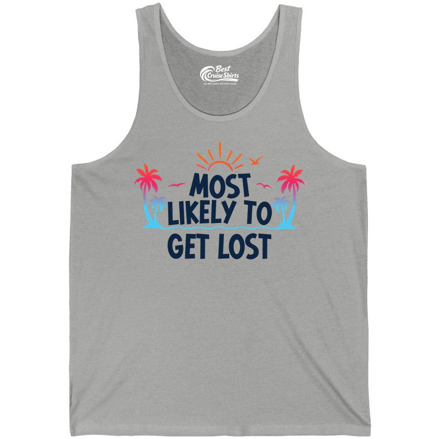 Most Likely To Get Lost Shirt - Funny Vacation Group Trip Tee (Tank Top) in Athletic Heather - Most Likely To Get Lost Shirt - Tropical Palm Beach Sunrise Tee