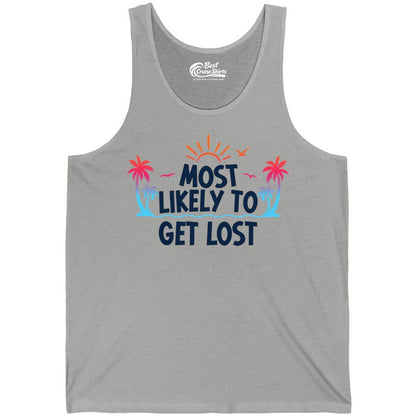 Most Likely To Get Lost Shirt - Funny Vacation Group Trip Tee (Tank Top) in Athletic Heather - Most Likely To Get Lost Shirt - Tropical Palm Beach Sunrise Tee