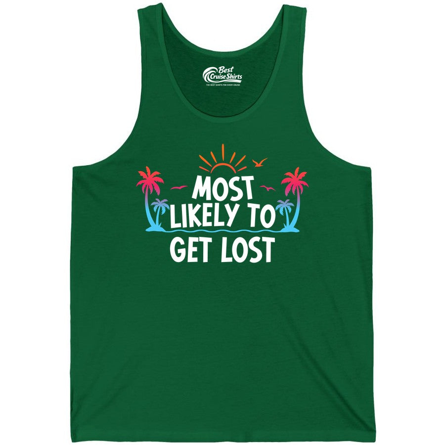 Most Likely To Get Lost Shirt - Funny Vacation Group Trip Tee (Tank Top) in Kelly - Most Likely To Get Lost Shirt - Tropical Palm Beach Sunrise Tee