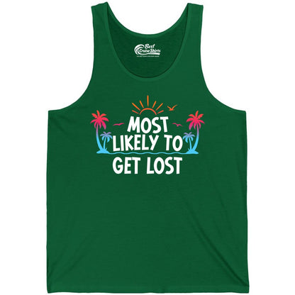 Most Likely To Get Lost Shirt - Funny Vacation Group Trip Tee (Tank Top) in Kelly - Most Likely To Get Lost Shirt - Tropical Palm Beach Sunrise Tee
