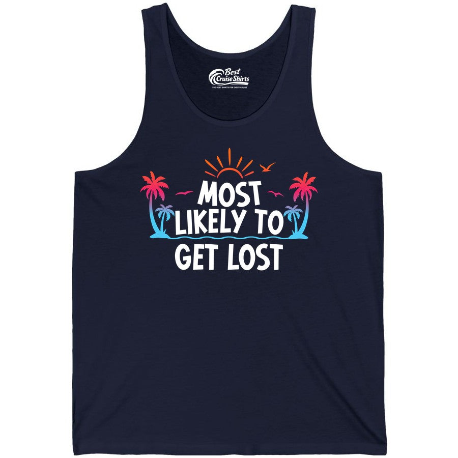 Most Likely To Get Lost Shirt - Funny Vacation Group Trip Tee (Tank Top) in Navy - Most Likely To Get Lost Shirt - Tropical Palm Beach Sunrise Tee