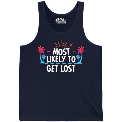 Most Likely To Get Lost Shirt - Funny Vacation Group Trip Tee (Tank Top) in Navy - Most Likely To Get Lost Shirt - Tropical Palm Beach Sunrise Tee