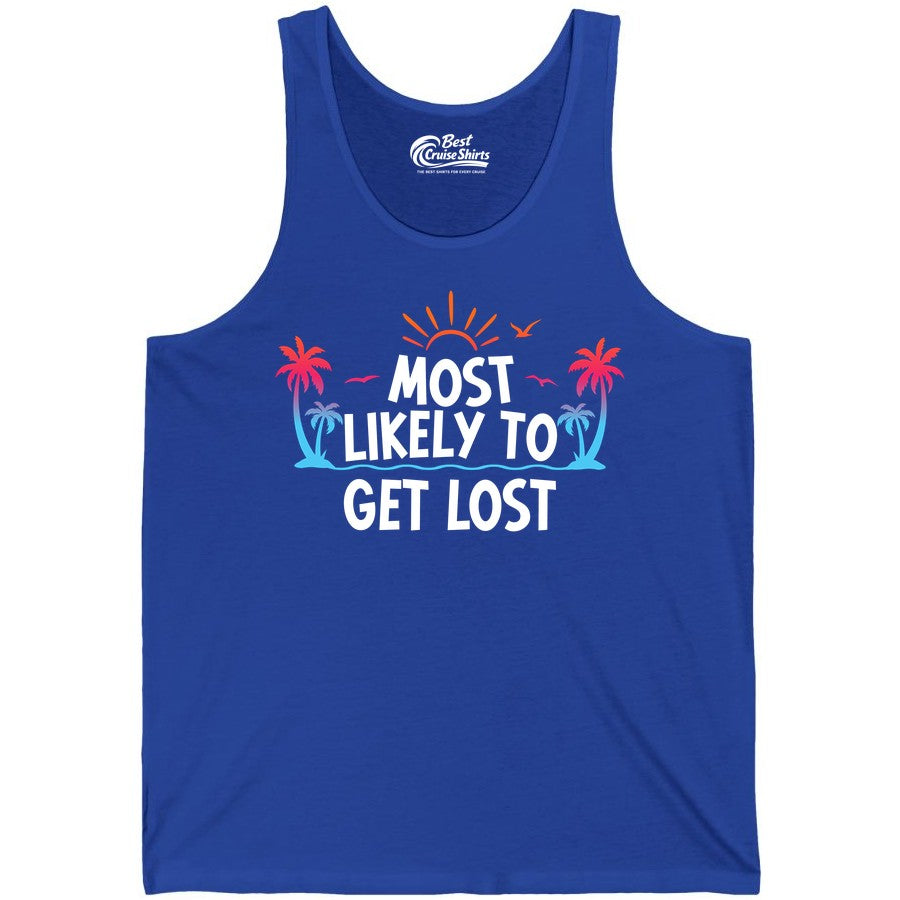 Most Likely To Get Lost Shirt - Funny Vacation Group Trip Tee (Tank Top) in True Royal - Most Likely To Get Lost Shirt - Tropical Palm Beach Sunrise Tee