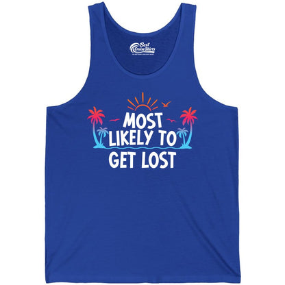 Most Likely To Get Lost Shirt - Funny Vacation Group Trip Tee (Tank Top) in True Royal - Most Likely To Get Lost Shirt - Tropical Palm Beach Sunrise Tee