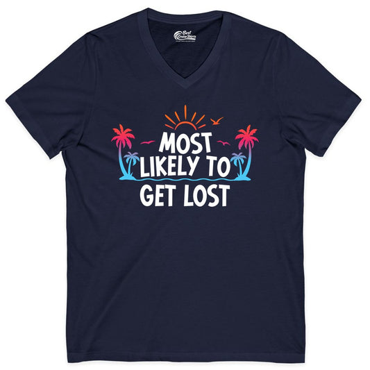 Most Likely To Get Lost Shirt - Funny Vacation Group Trip Tee (V-Neck) in Navy - Most Likely To Get Lost Shirt - Tropical Palm Beach Sunrise Tee