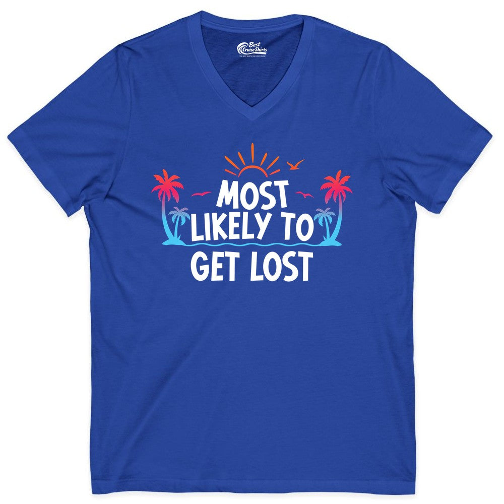 Most Likely To Get Lost Shirt - Funny Vacation Group Trip Tee (V-Neck) in True Royal - Most Likely To Get Lost Shirt - Tropical Palm Beach Sunrise Tee