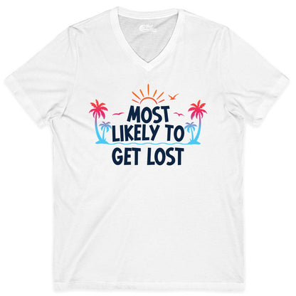 Most Likely To Get Lost Shirt - Funny Vacation Group Trip Tee (V-Neck) in White - Most Likely To Get Lost Shirt - Tropical Palm Beach Sunrise Tee