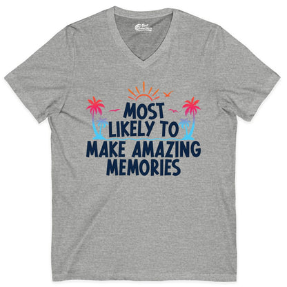 Most Likely to Make Amazing Memories Shirt - Vacation T-Shirt Gift (V-Neck) in Athletic Heather - Most Likely To Make Amazing Memories Tropical Beach Trip Shirt