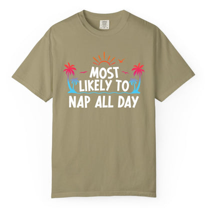 Most Likely to Nap All Day Shirt - Tropical Lazy Day Beach Tee (Comfort Color) in Khaki - Most Likely To Nap All Day Tropical Sunset Palm Trees Shirt