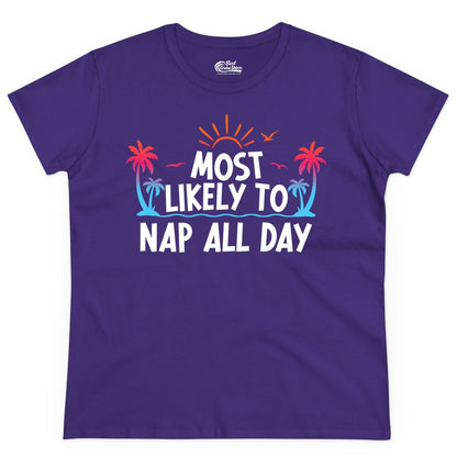 Most Likely to Nap All Day Shirt - Tropical Lazy Day Beach Tee (Ladies Tee) in Purple - Most Likely To Nap All Day Tropical Sunset Palm Trees Shirt