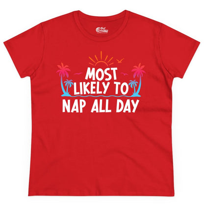 Most Likely to Nap All Day Shirt - Tropical Lazy Day Beach Tee (Ladies Tee) in Red - Most Likely To Nap All Day Tropical Sunset Palm Trees Shirt