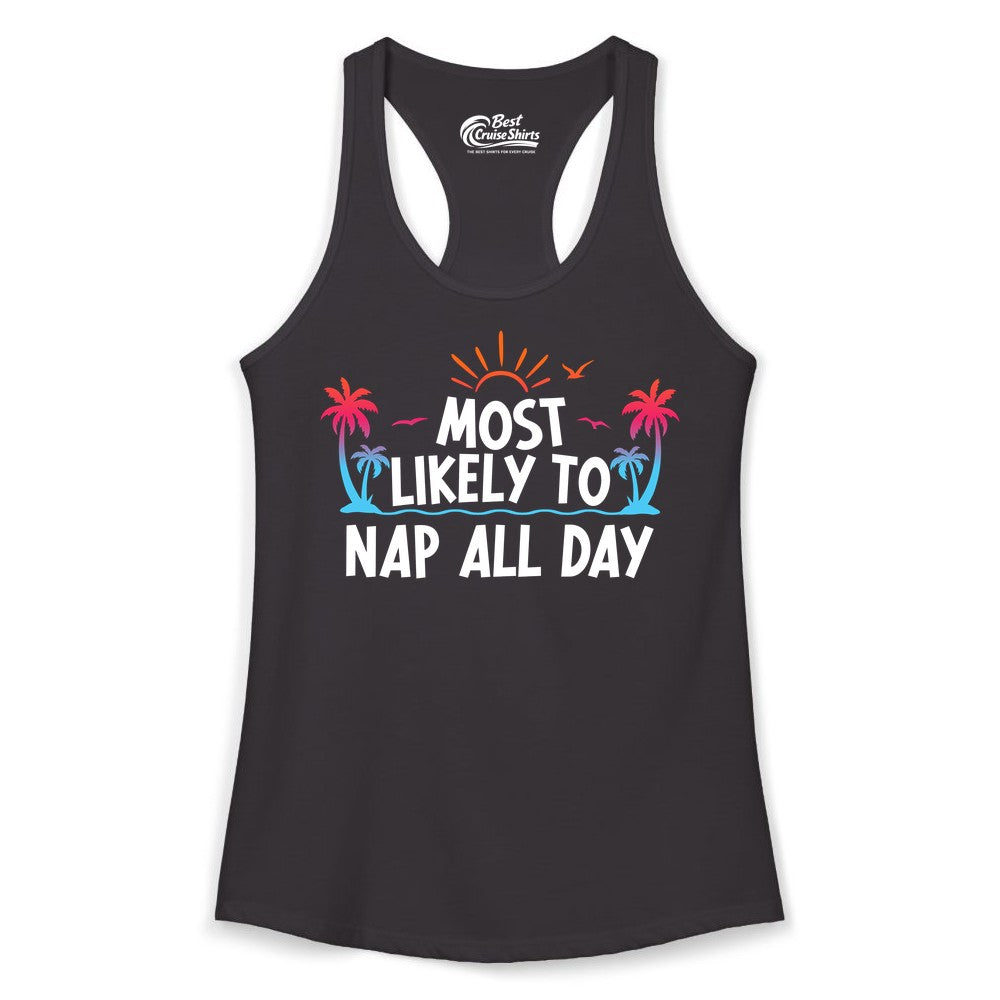 Most Likely to Nap All Day Shirt - Tropical Lazy Day Beach Tee (Ladies Tank) in Black - Most Likely To Nap All Day Tropical Sunset Palm Trees Shirt