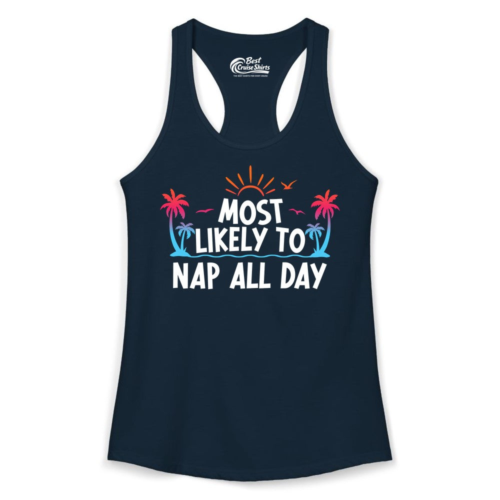 Most Likely to Nap All Day Shirt - Tropical Lazy Day Beach Tee (Ladies Tank) in Solid Midnight Navy - Most Likely To Nap All Day Tropical Sunset Palm Trees Shirt