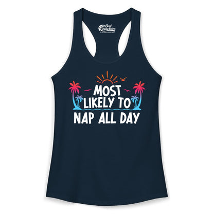 Most Likely to Nap All Day Shirt - Tropical Lazy Day Beach Tee (Ladies Tank) in Solid Midnight Navy - Most Likely To Nap All Day Tropical Sunset Palm Trees Shirt