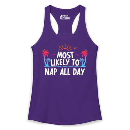 Most Likely to Nap All Day Shirt - Tropical Lazy Day Beach Tee (Ladies Tank) in Solid Purple Rush - Most Likely To Nap All Day Tropical Sunset Palm Trees Shirt