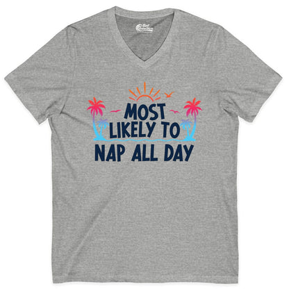 Most Likely to Nap All Day Shirt - Tropical Lazy Day Beach Tee (V-Neck) in Athletic Heather - Most Likely To Nap All Day Tropical Sunset Palm Trees Shirt