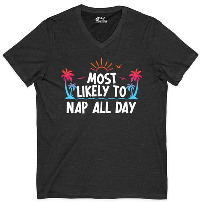 Most Likely to Nap All Day Shirt - Tropical Lazy Day Beach Tee (V-Neck) in Dark Grey Heather - Most Likely To Nap All Day Tropical Sunset Palm Trees Shirt