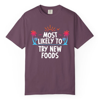 Most Likely to Try New Foods Shirt - Funny Foodie Travel Tee (Comfort Color) in Berry - Most Likely To Try New Foods Tropical Palm Tree Sunset Shirt