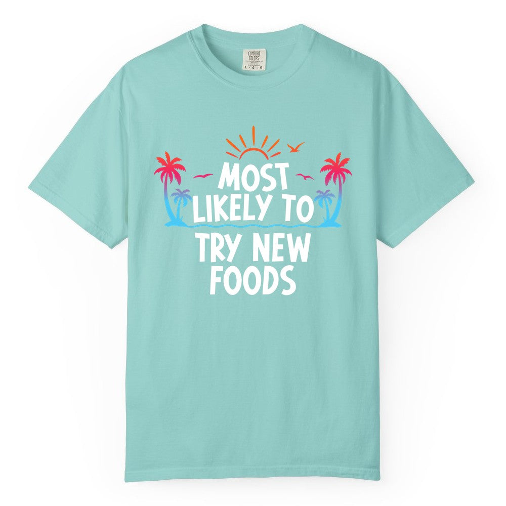 Most Likely to Try New Foods Shirt - Funny Foodie Travel Tee (Comfort Color) in Chalky Mint - Most Likely To Try New Foods Tropical Palm Tree Sunset Shirt