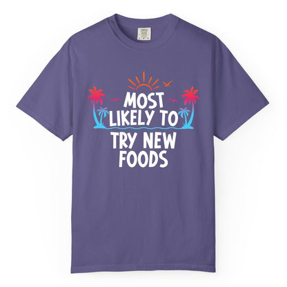 Most Likely to Try New Foods Shirt - Funny Foodie Travel Tee (Comfort Color) in Grape - Most Likely To Try New Foods Tropical Palm Tree Sunset Shirt