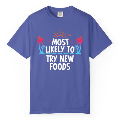 Most Likely to Try New Foods Shirt - Funny Foodie Travel Tee (Comfort Color) in Periwinkle - Most Likely To Try New Foods Tropical Palm Tree Sunset Shirt