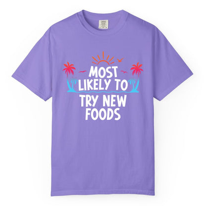 Most Likely to Try New Foods Shirt - Funny Foodie Travel Tee (Comfort Color) in Violet - Most Likely To Try New Foods Tropical Palm Tree Sunset Shirt