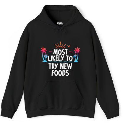 Most Likely to Try New Foods Shirt - Funny Foodie Travel Tee (Hoodie) in Black - Most Likely To Try New Foods Tropical Palm Tree Sunset Shirt