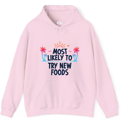 Most Likely to Try New Foods Shirt - Funny Foodie Travel Tee (Hoodie) in Light Pink - Most Likely To Try New Foods Tropical Palm Tree Sunset Shirt