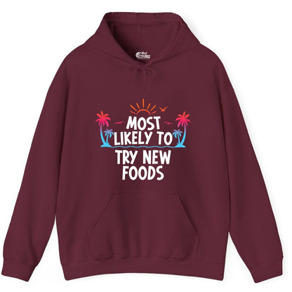 Most Likely to Try New Foods Shirt - Funny Foodie Travel Tee (Hoodie) in Maroon - Most Likely To Try New Foods Tropical Palm Tree Sunset Shirt