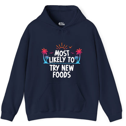 Most Likely to Try New Foods Shirt - Funny Foodie Travel Tee (Hoodie) in Navy - Most Likely To Try New Foods Tropical Palm Tree Sunset Shirt