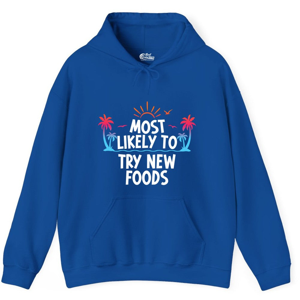 Most Likely to Try New Foods Shirt - Funny Foodie Travel Tee (Hoodie) in Royal - Most Likely To Try New Foods Tropical Palm Tree Sunset Shirt