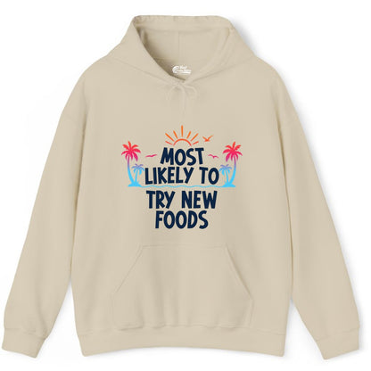 Most Likely to Try New Foods Shirt - Funny Foodie Travel Tee (Hoodie) in Sand - Most Likely To Try New Foods Tropical Palm Tree Sunset Shirt