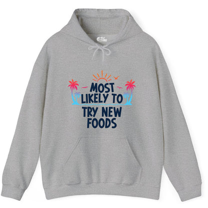 Most Likely to Try New Foods Shirt - Funny Foodie Travel Tee (Hoodie) in Sport Grey - Most Likely To Try New Foods Tropical Palm Tree Sunset Shirt