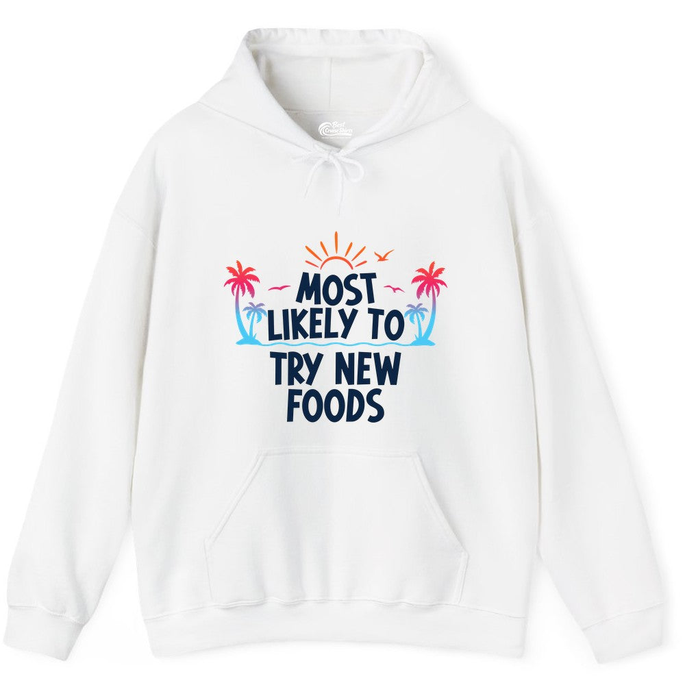 Most Likely to Try New Foods Shirt - Funny Foodie Travel Tee (Hoodie) in White - Most Likely To Try New Foods Tropical Palm Tree Sunset Shirt