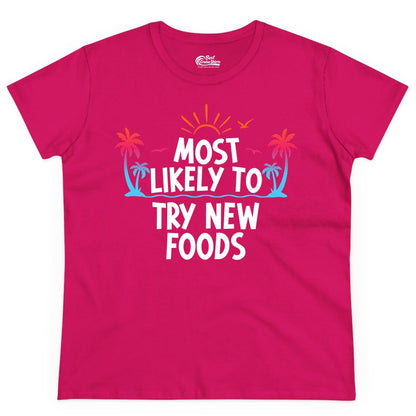 Most Likely to Try New Foods Shirt - Funny Foodie Travel Tee (Ladies Tee) in Heliconia - Most Likely To Try New Foods Tropical Palm Tree Sunset Shirt