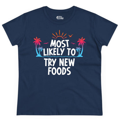 Most Likely to Try New Foods Shirt - Funny Foodie Travel Tee (Ladies Tee) in Navy - Most Likely To Try New Foods Tropical Palm Tree Sunset Shirt